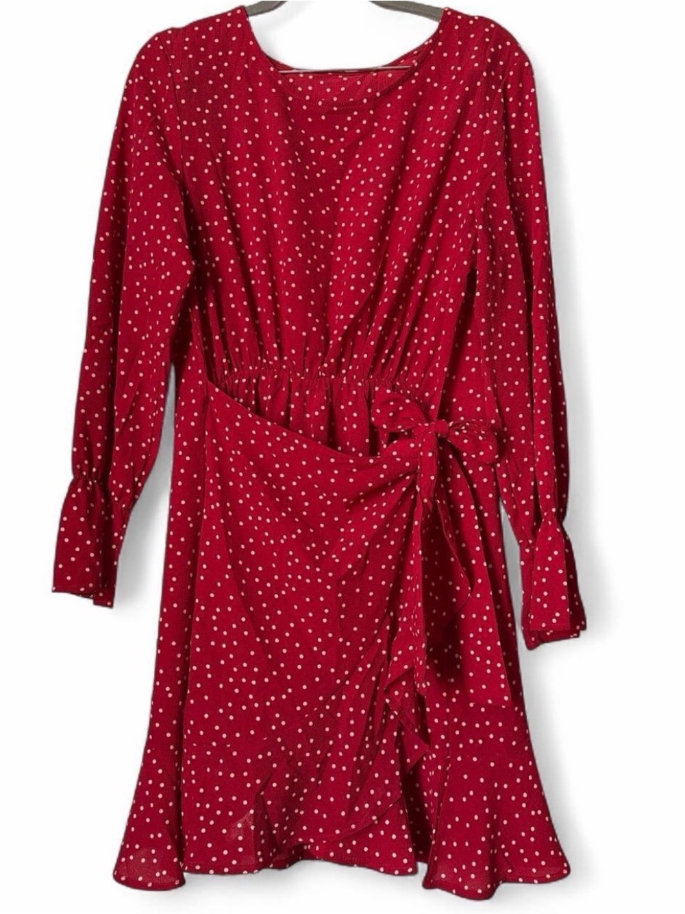 Women's Red Polka Dot Long-Sleeve Wrap-Style Dress